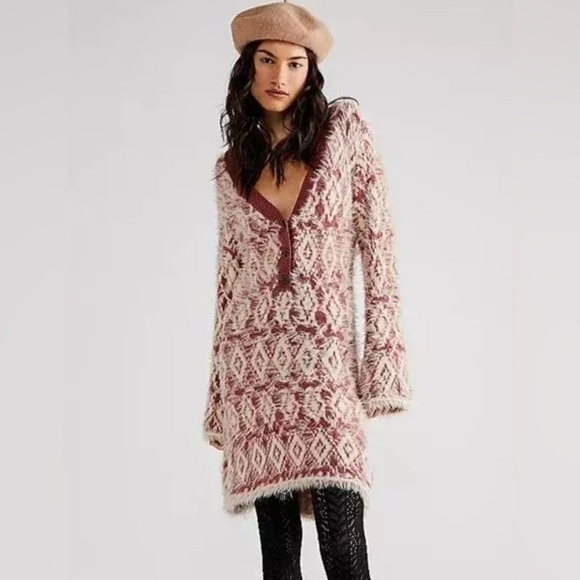 Free People Dresses & Skirts - Free People Long Sleeve Knit Dress - Cream and Brown